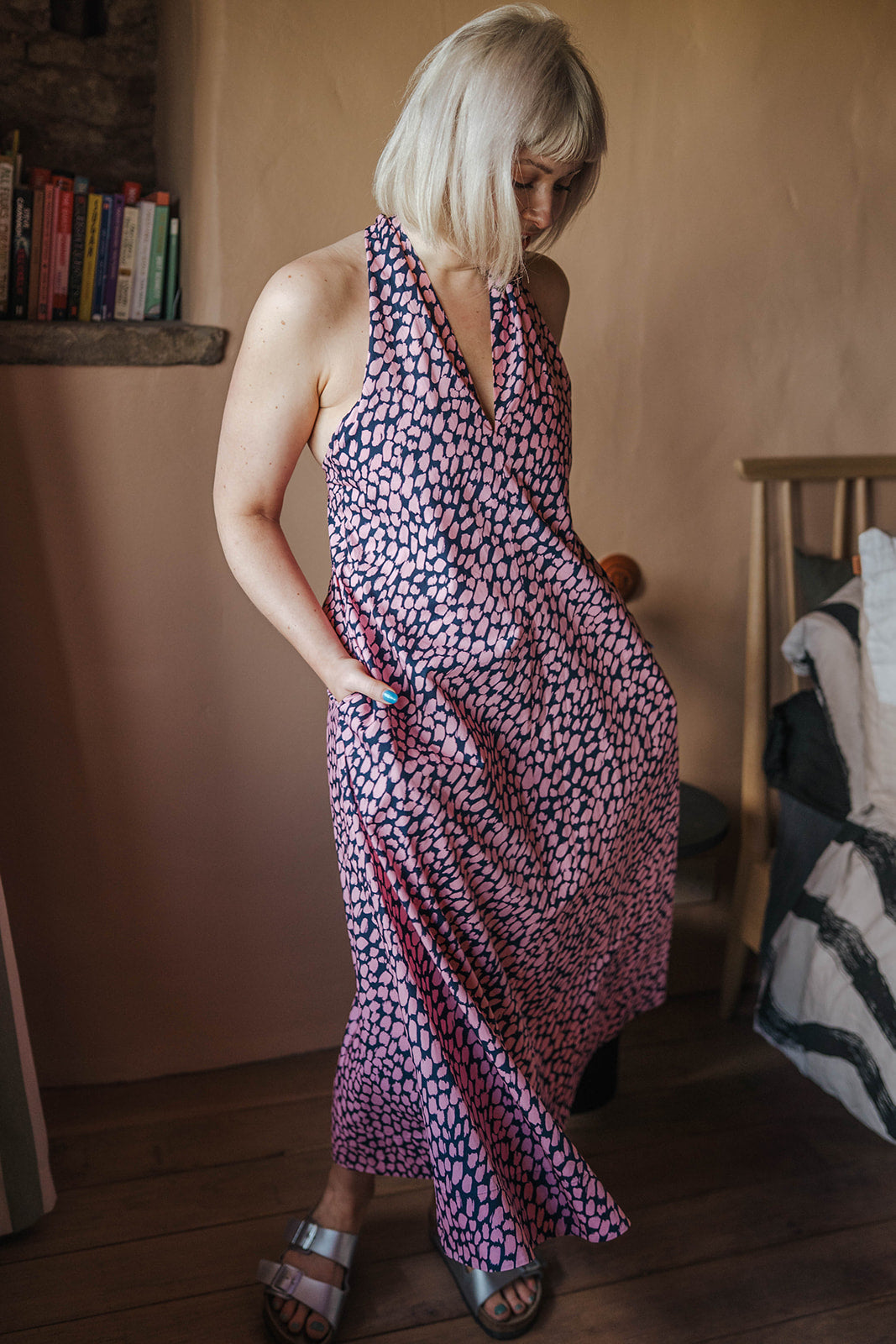 Arket Navy Pink Spot Sleeveless Maxi Dress worn on model 