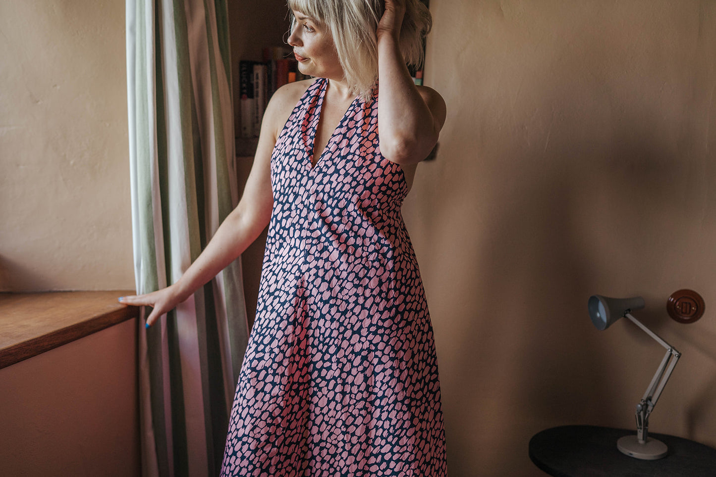 Arket Navy Pink Spot Sleeveless Maxi Dress worn on model 