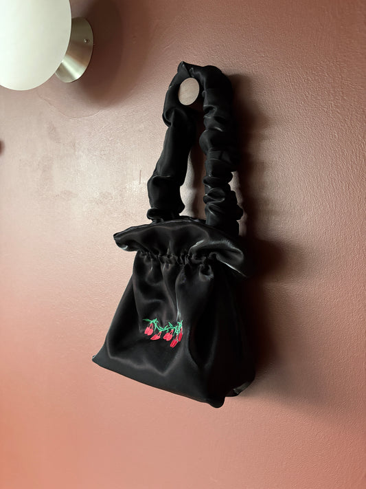 Y2k Vintage Black Embroidered Cherry Silk Wrist Bag