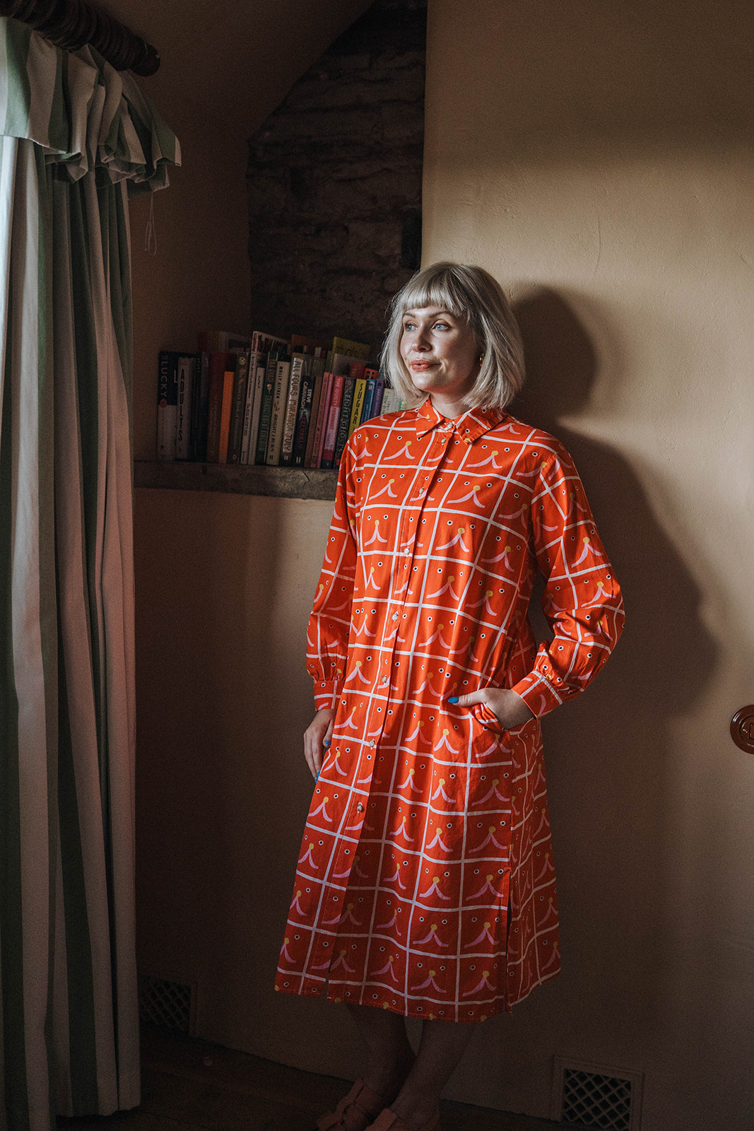 Bobo Choses Red Cat Shirt Dress worn on model 