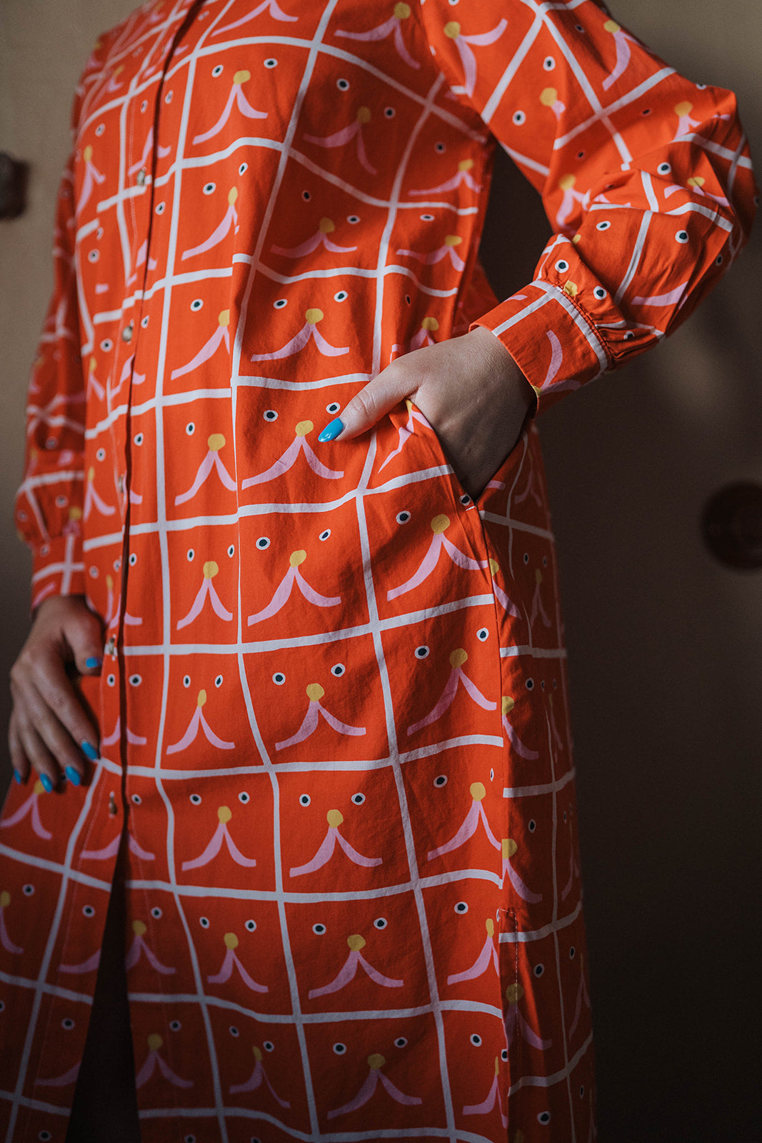 Bobo Choses Red Cat Shirt Dress worn on model 