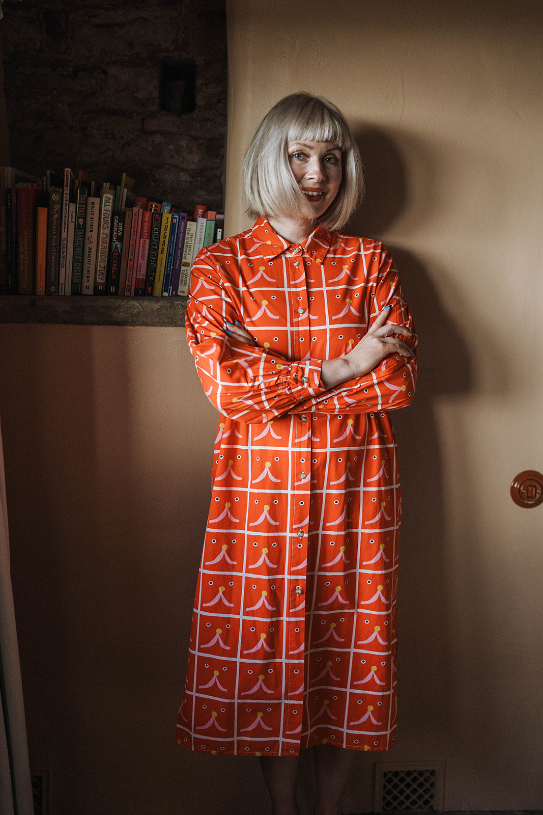 Bobo Choses Red Cat Shirt Dress worn on model 