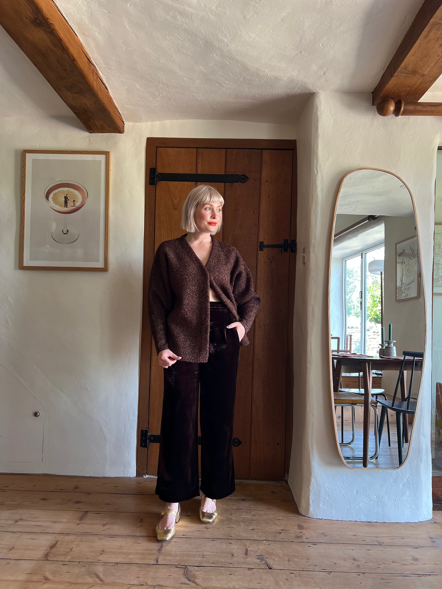 COS Brown Velvet High Waisted Trousers worn on model 