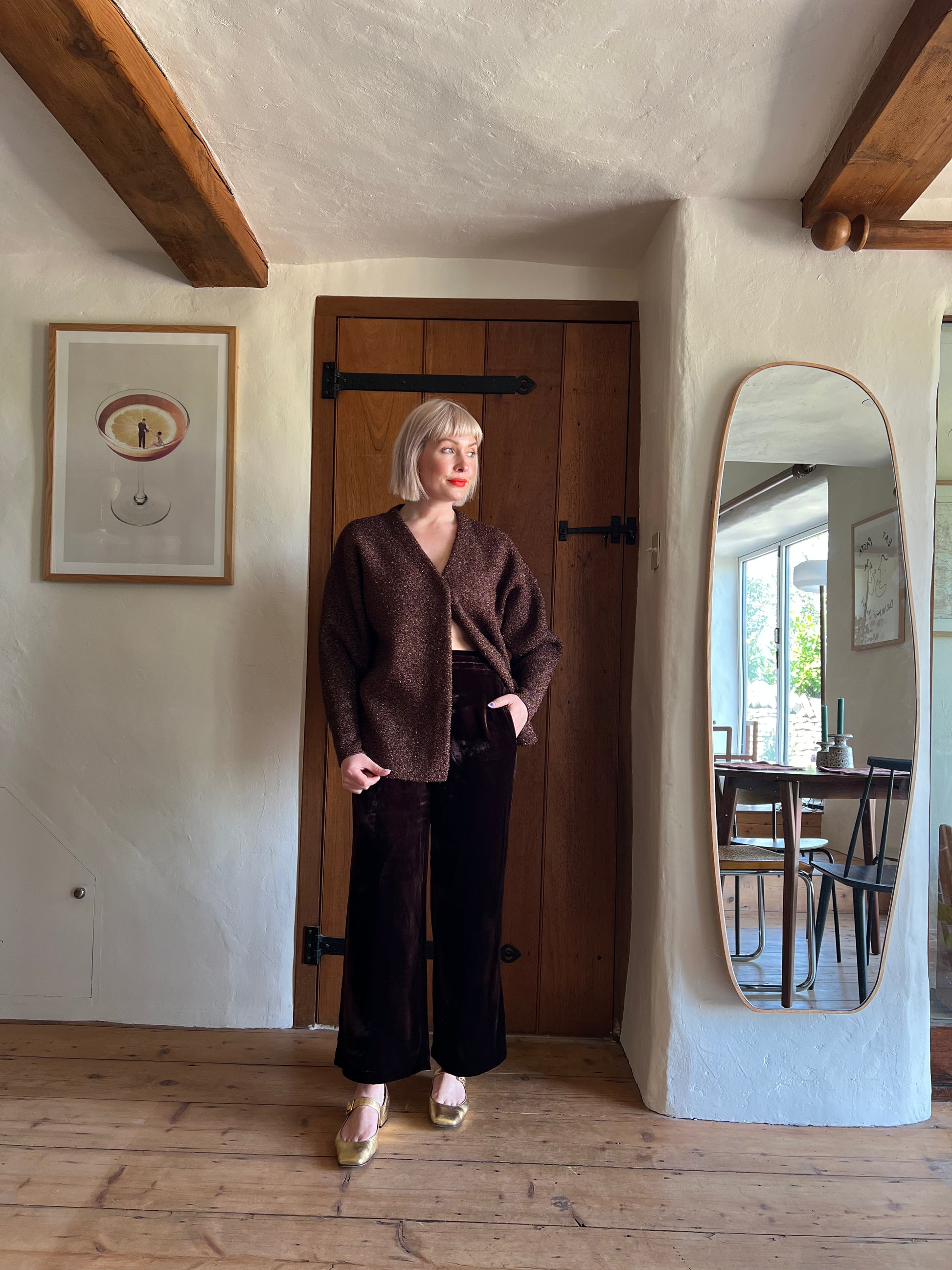 COS Brown Velvet High Waisted Trousers worn on model 