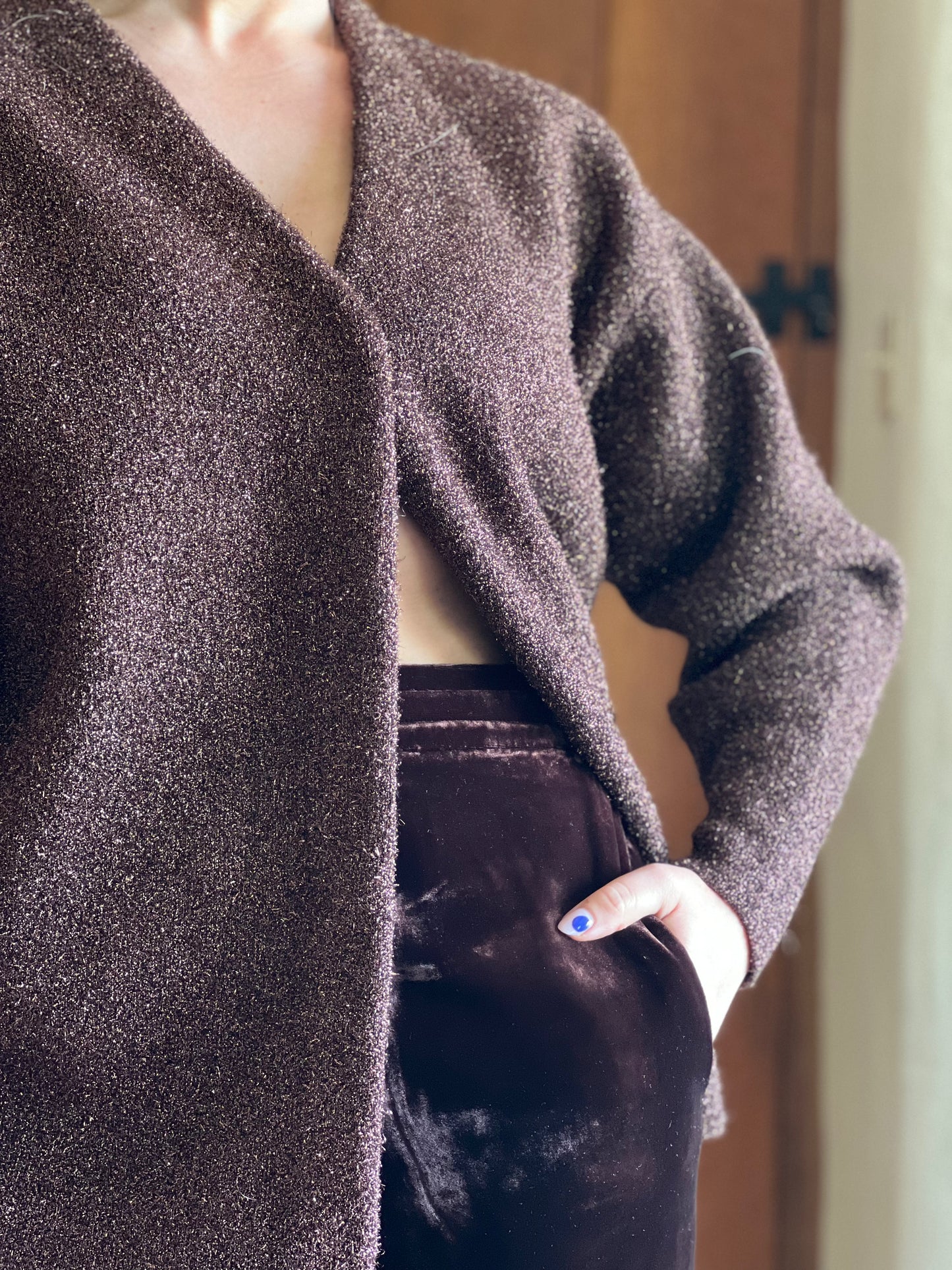 COS Brown Velvet High Waisted Trousers worn on model 