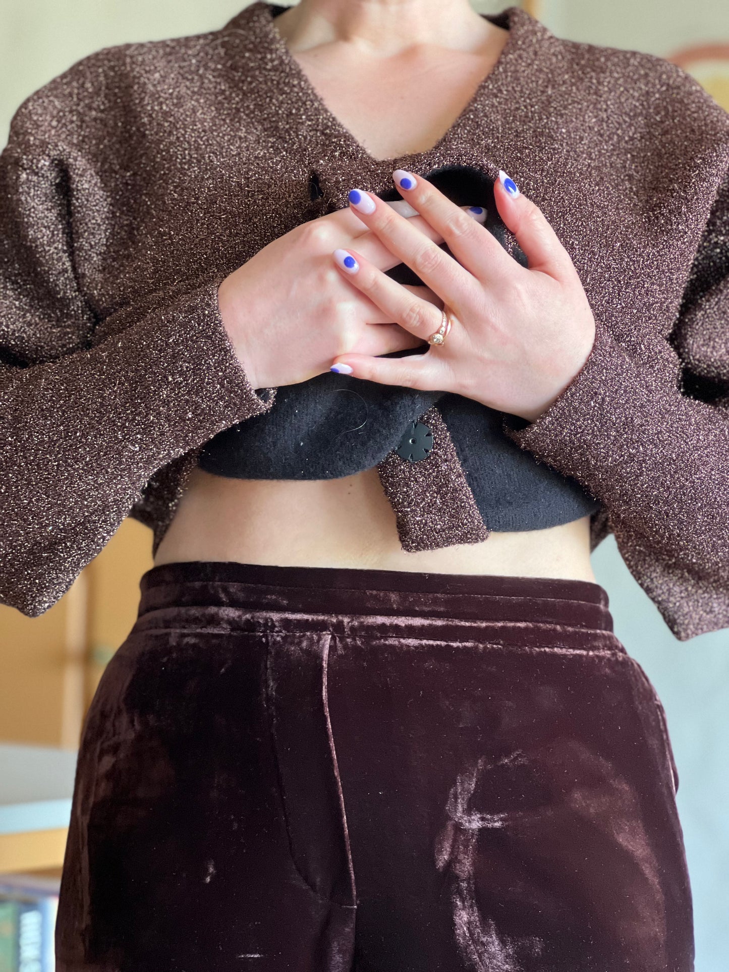 COS Brown Velvet High Waisted Trousers worn on model 