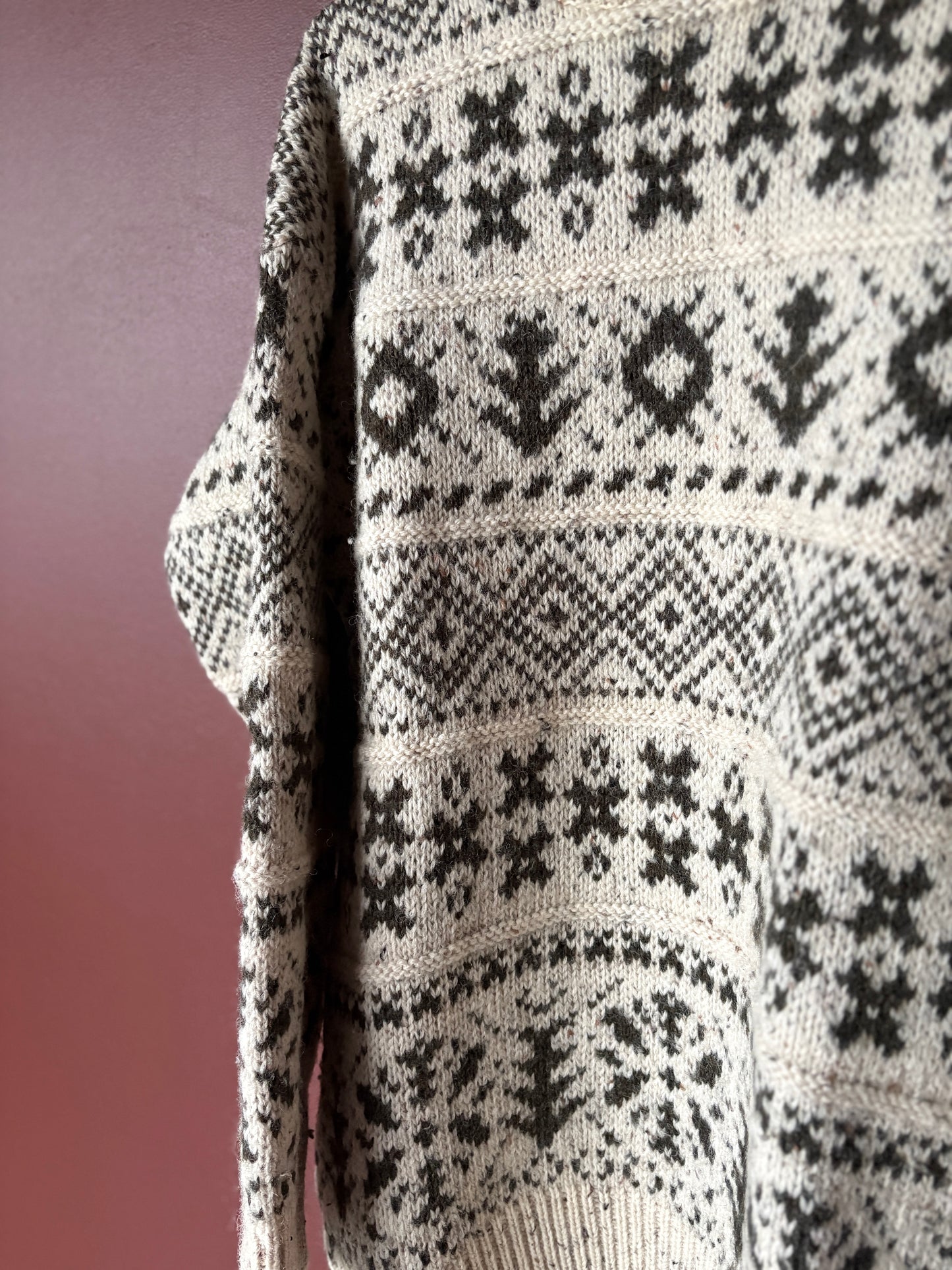 Vintage Cream Olive Folklore Jumper - 100% Wool