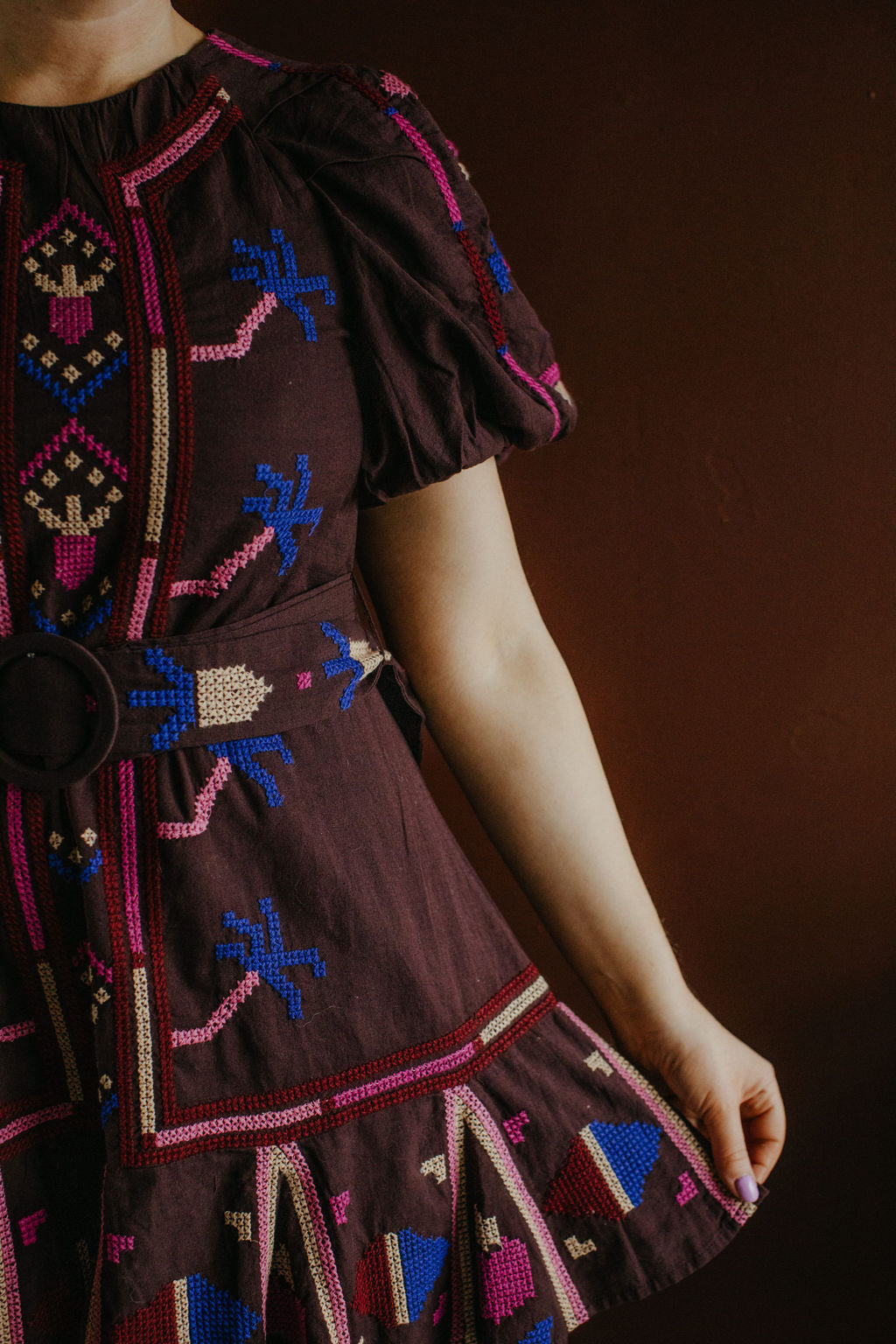 Farm Rio Chocolate Brown Embroidered Mini Dress