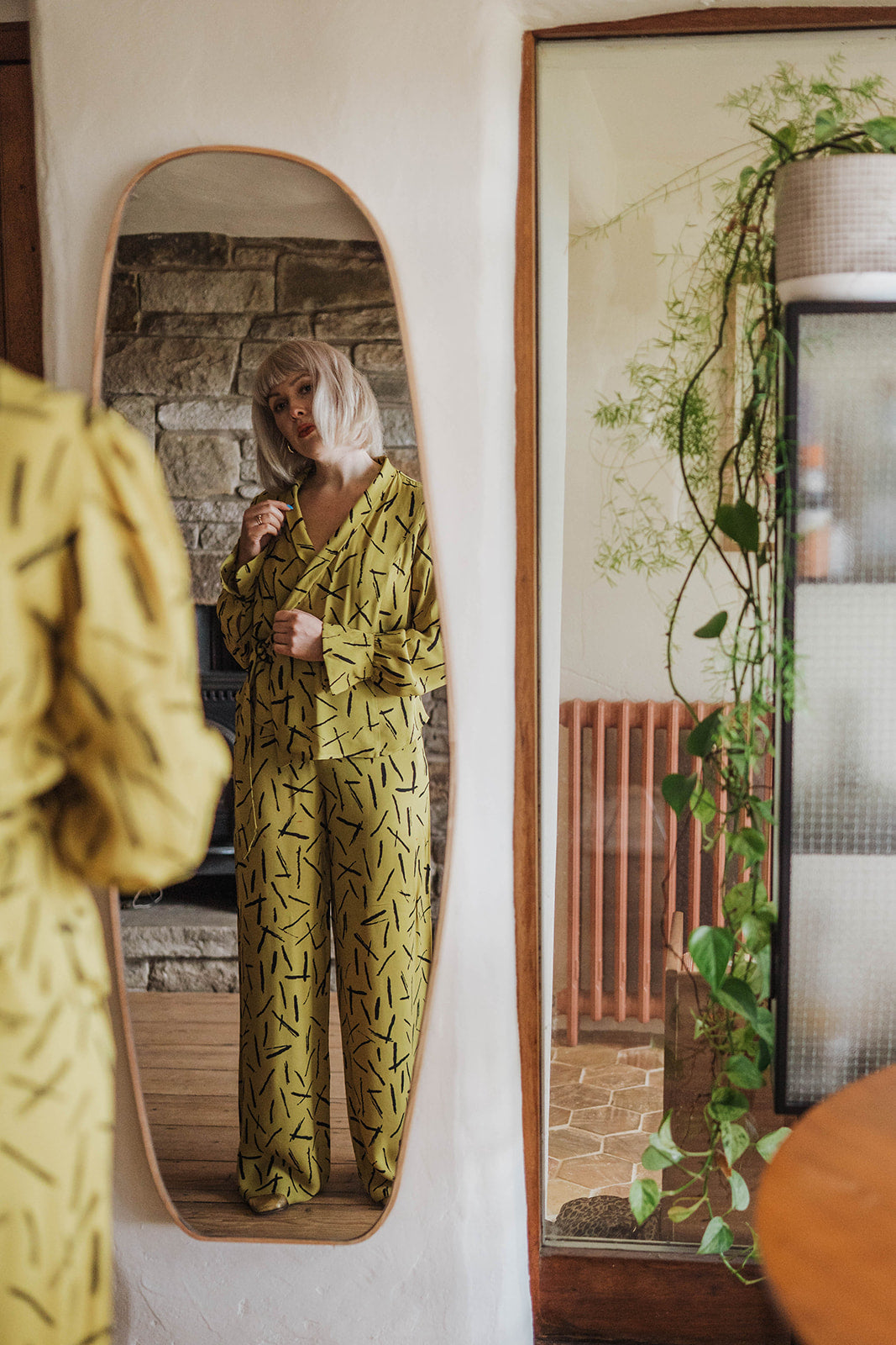 Finery Citrus Dash Trouser Suit worn on model 