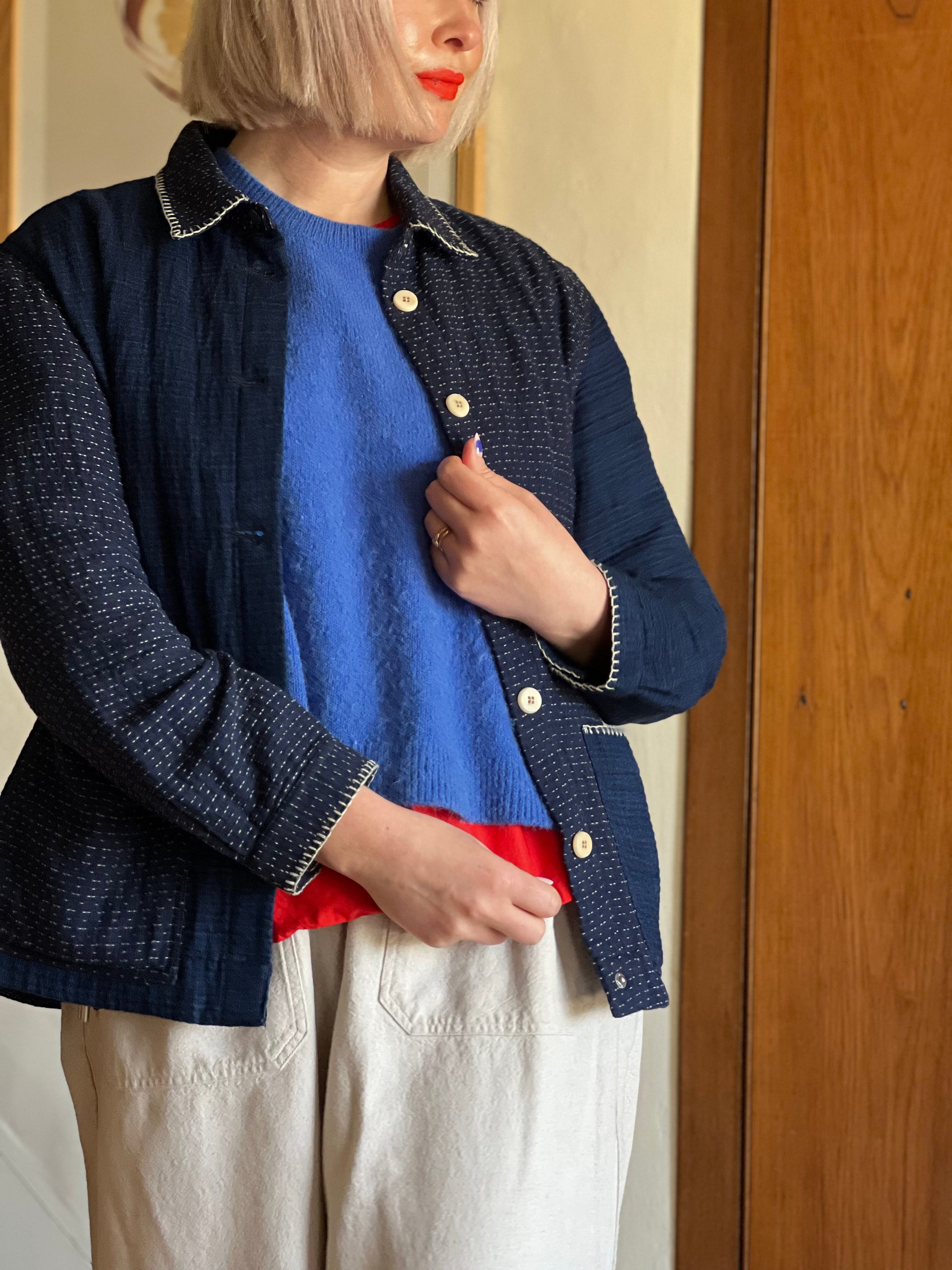 Folk Indigo Sashiko Waffle Patch Jacket worn on model 