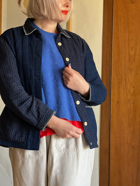 Folk Indigo Sashiko Waffle Patch Jacket worn on model 