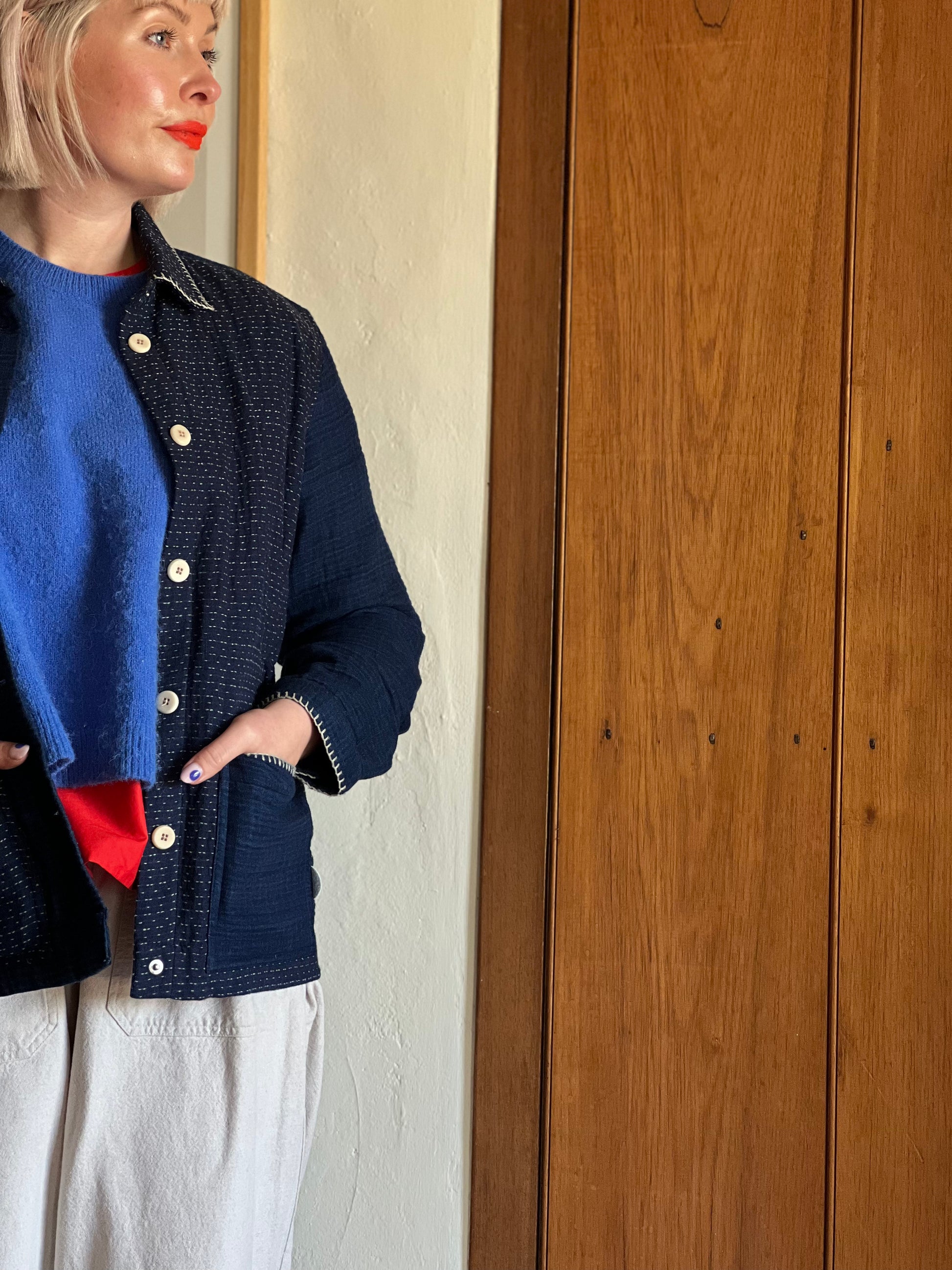 Folk Indigo Sashiko Waffle Patch Jacket worn on model 