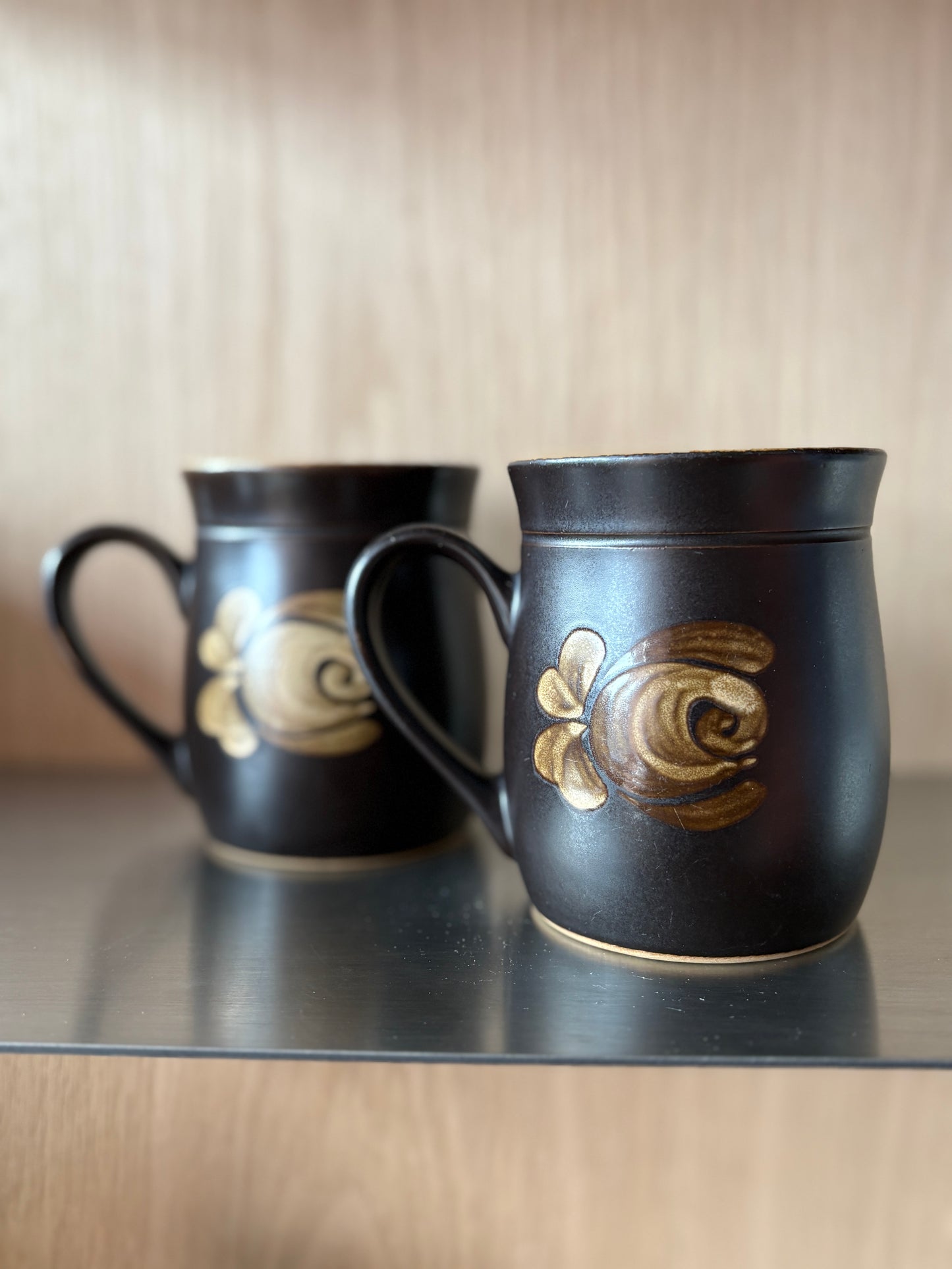 Vintage Handmade Stoneware Black Floral Coffee Mugs - Set of 2