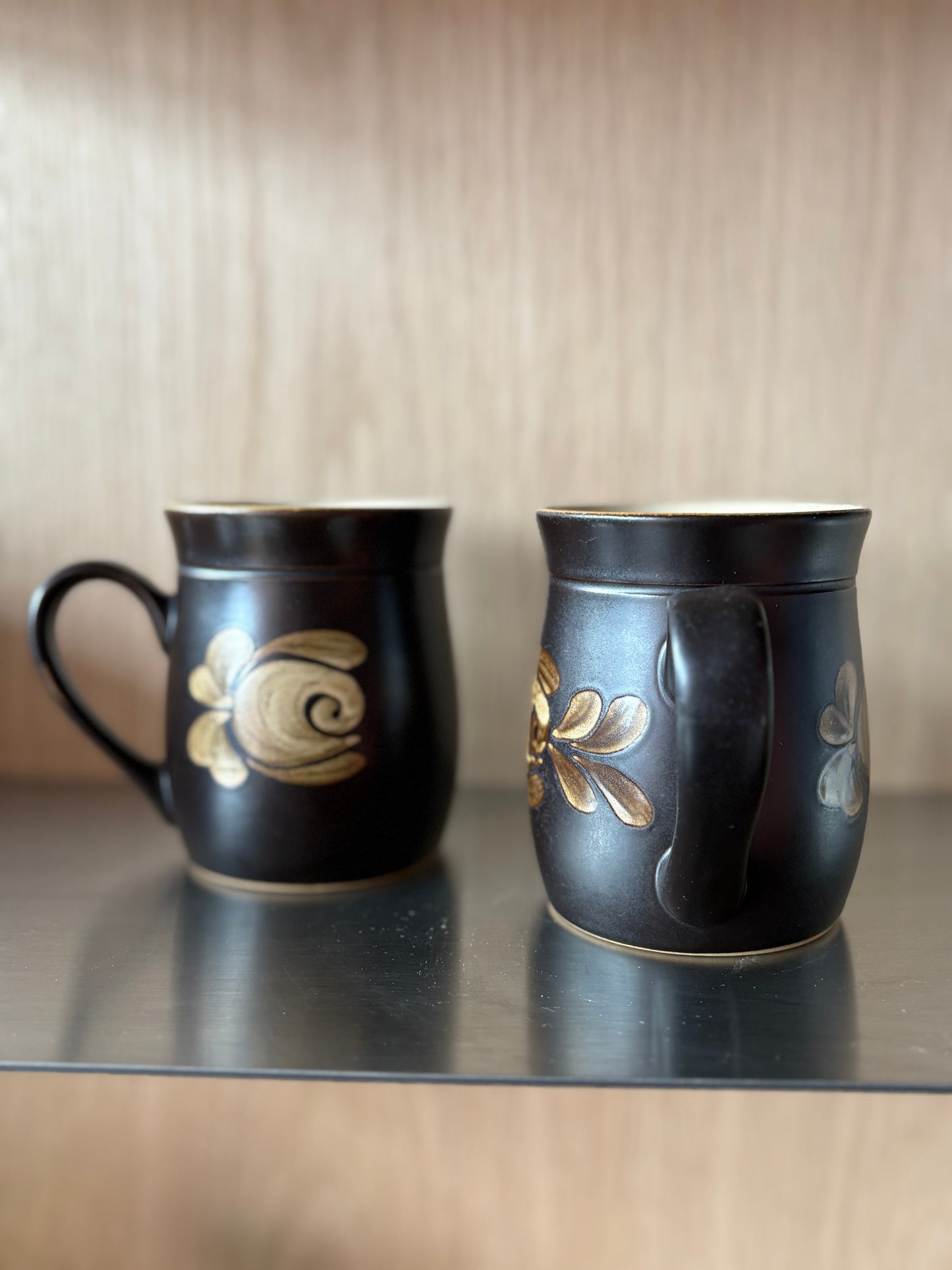 Vintage Handmade Stoneware Black Floral Coffee Mugs - Set of 2