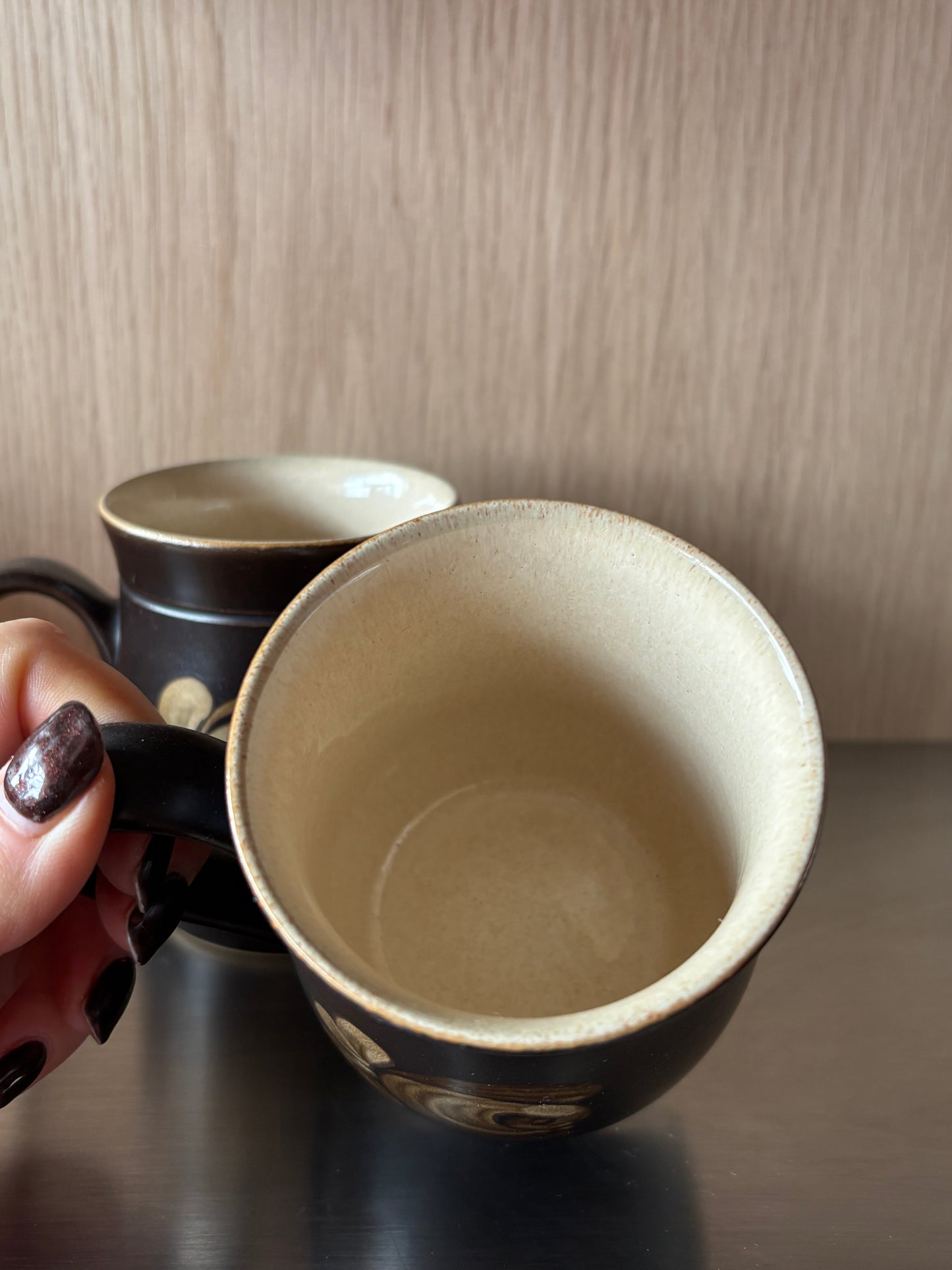 Vintage Handmade Stoneware Black Floral Coffee Mugs - Set of 2