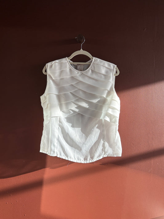 Vintage White Sleeveless Pleated Blouse