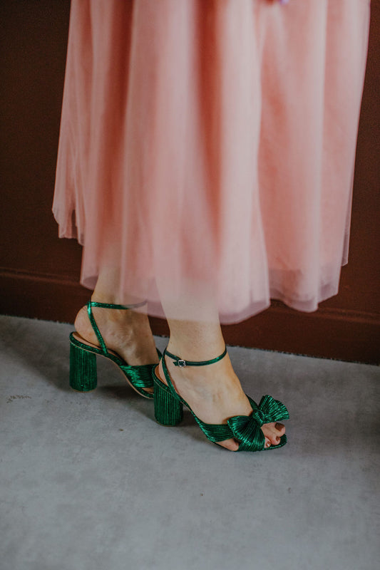 Loeffler Randall Metallic Camellia Bow-Embellished Emerald Sandals