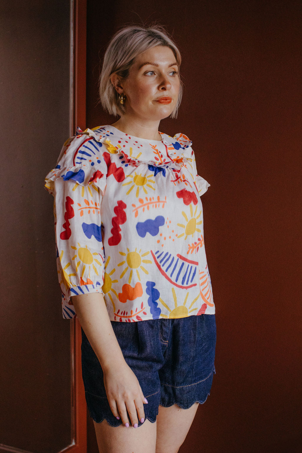 Lowie Abstract Cotton Frill Blouse