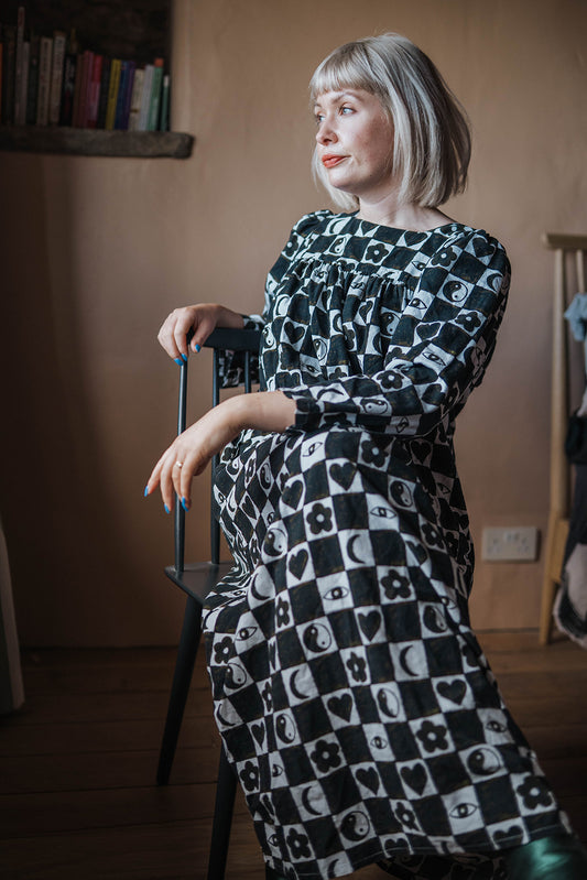 Meadows Calendula Checkerboard Dress worn on model 
