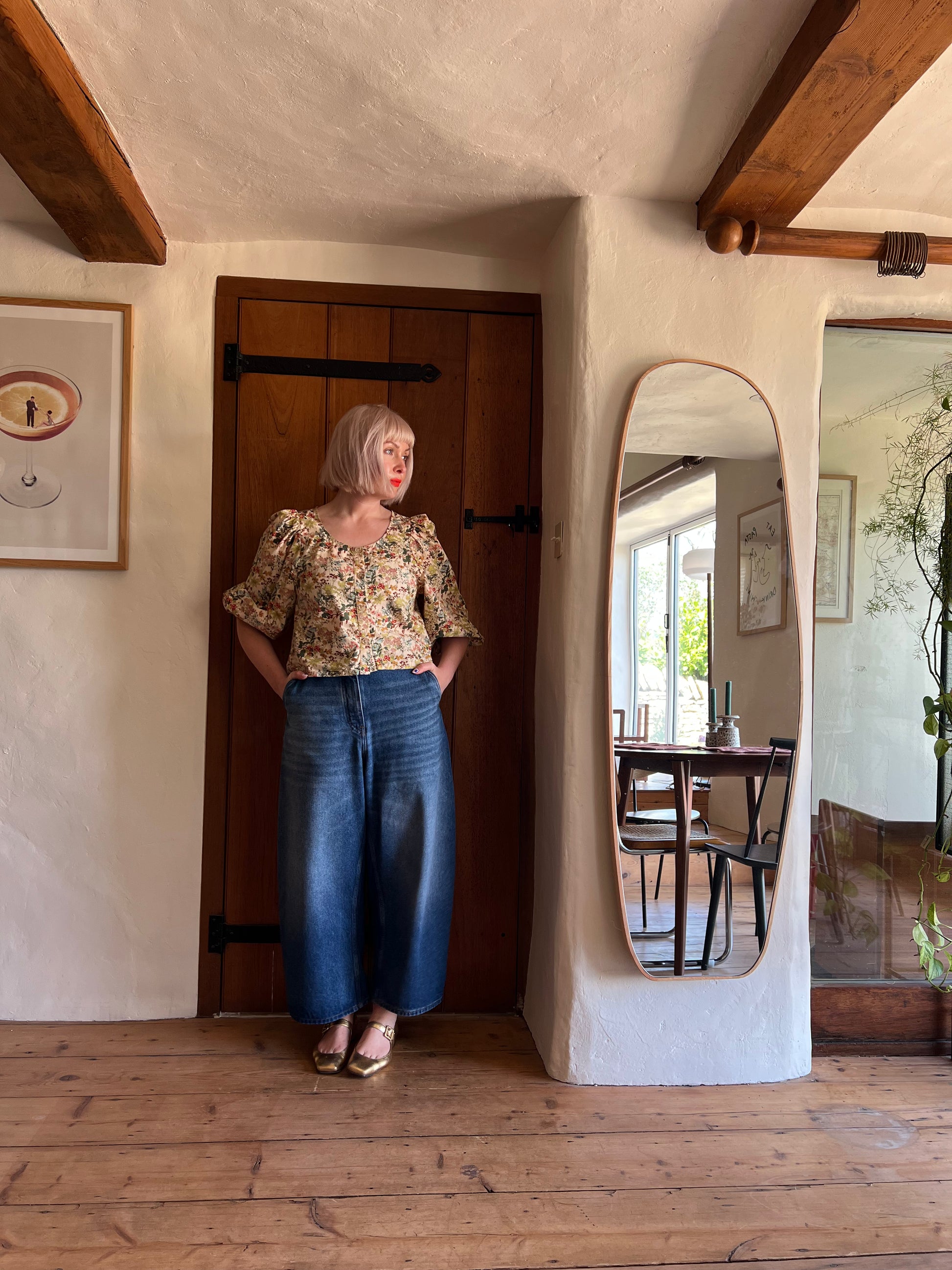 Meadows Floral Prairie Blouse worn on model 