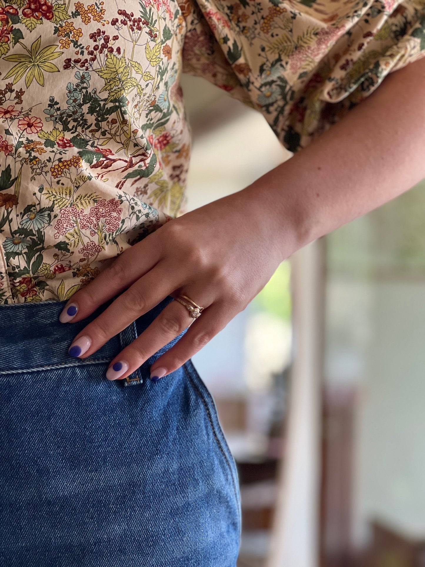 Meadows Floral Prairie Blouse close up on model 