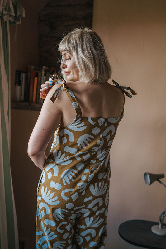  Off-On Clothing Brown Blue Abstract Jumpsuit back view worn on model 