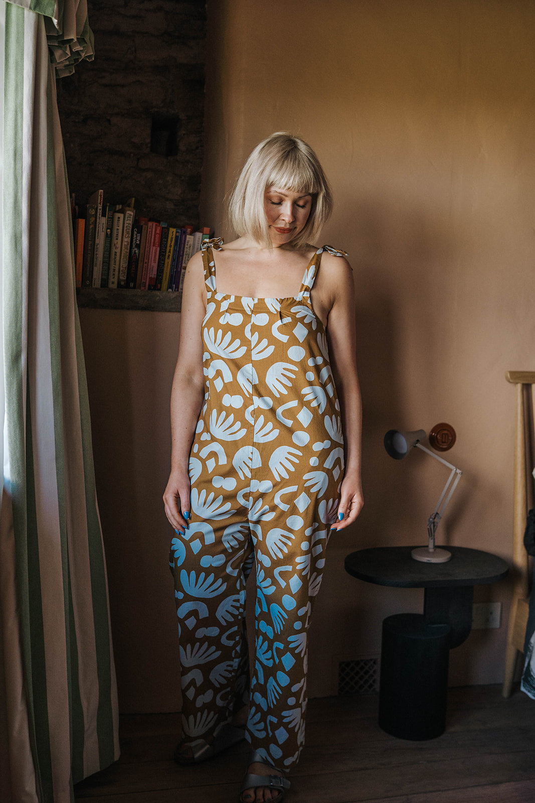  Off-On Clothing Brown Blue Abstract Jumpsuit  worn on model 