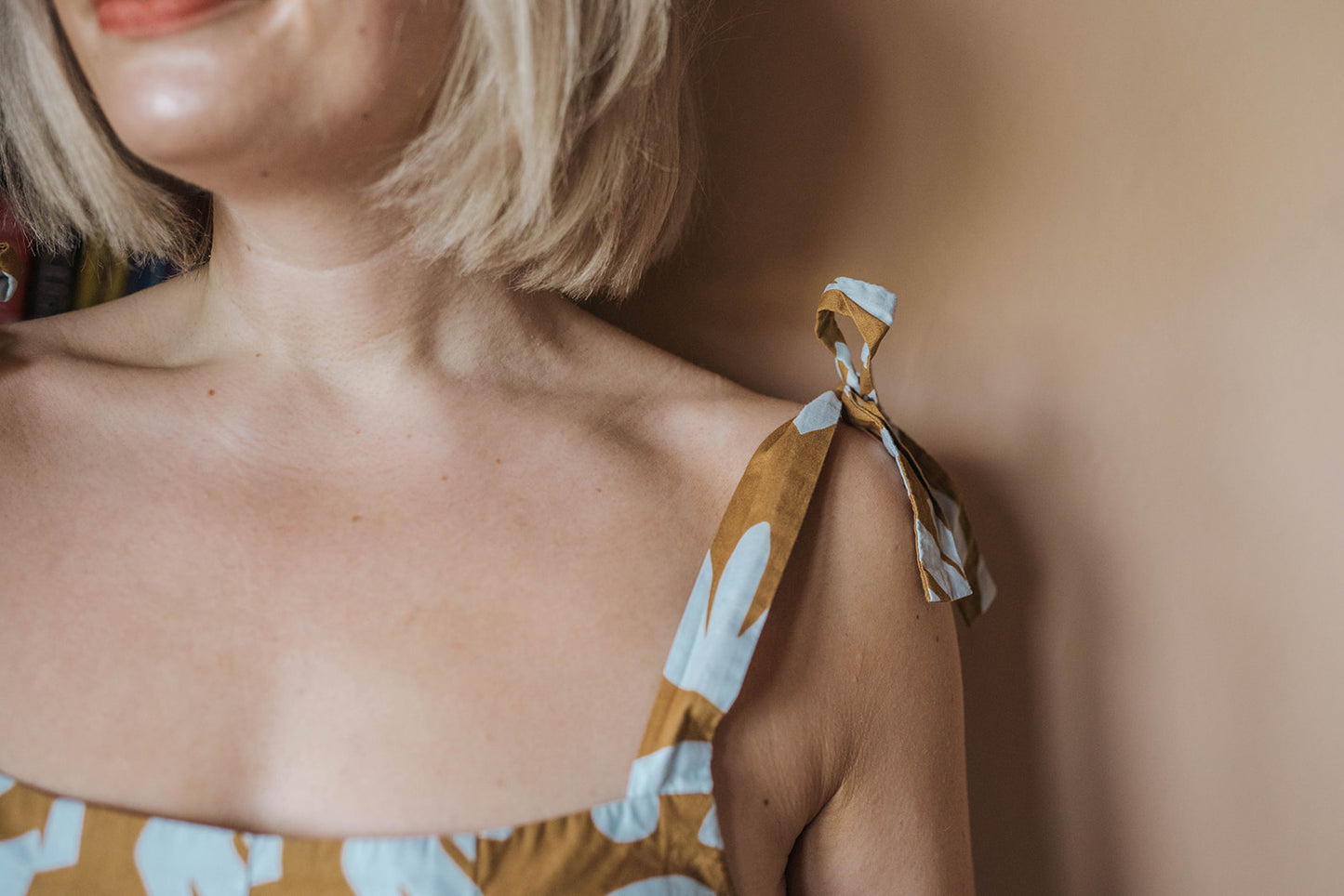  Off-On Clothing Brown Blue Abstract Jumpsuit worn on model 