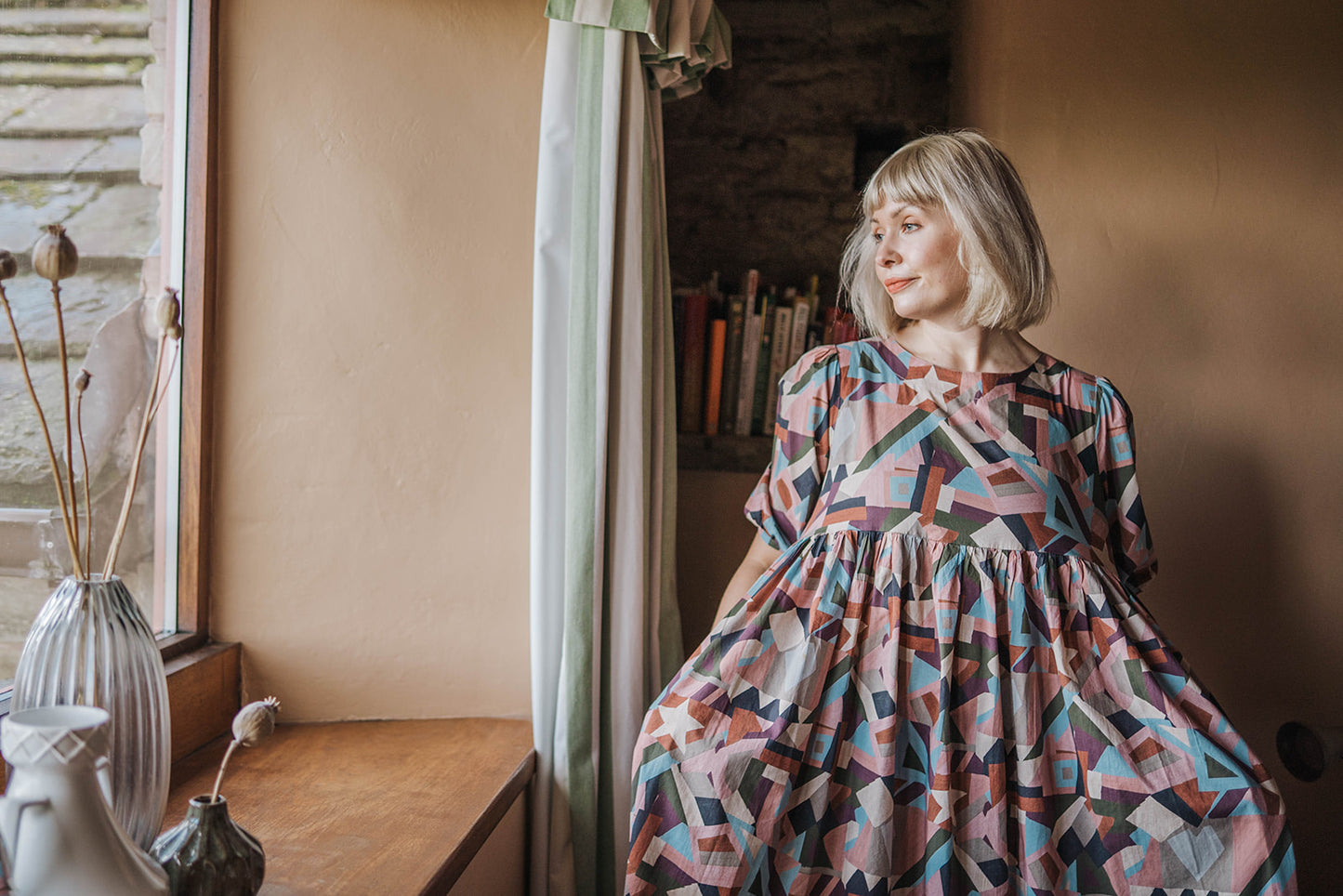 Off-On Clothing Pastel Print Puff-Sleeve Dress worn on model 