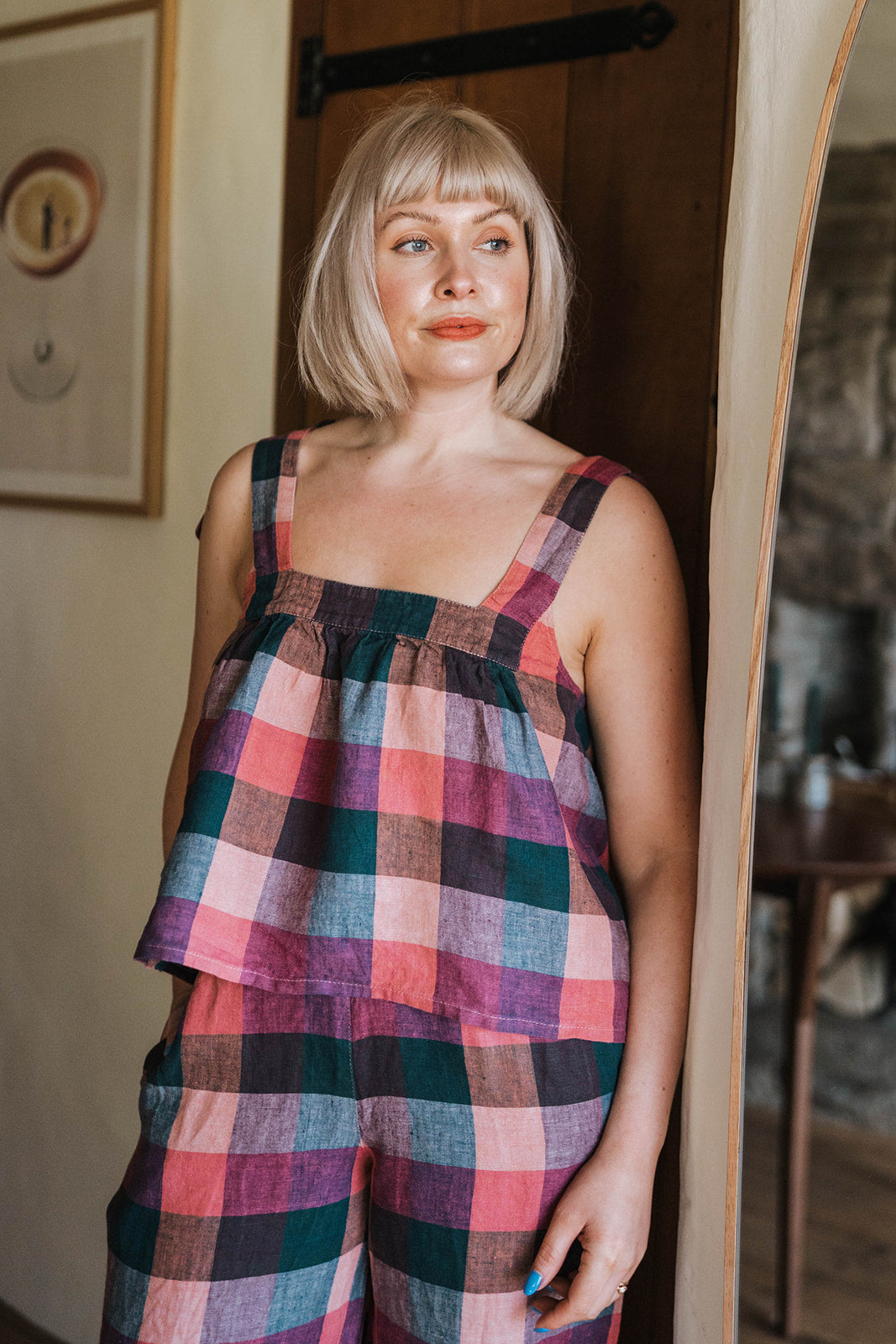 Off-On Clothing Pink Block Check Trouser/Top Co-Ord worn on model 