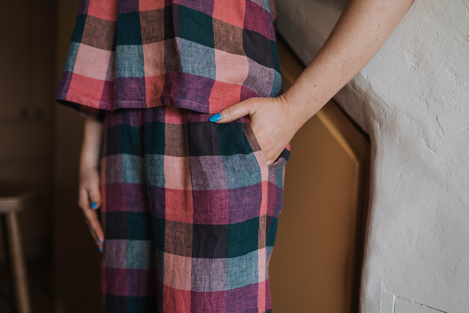 Off-On Clothing Pink Block Check Trouser/Top Co-Ord worn on model 