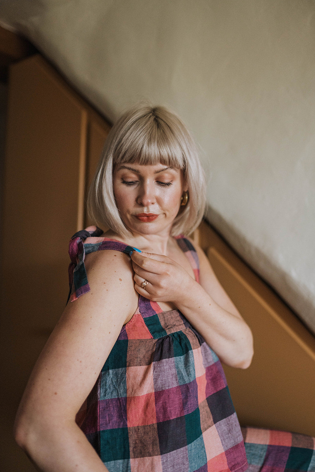 Off-On Clothing Pink Block Check Trouser/Top Co-Ord worn on seated model 