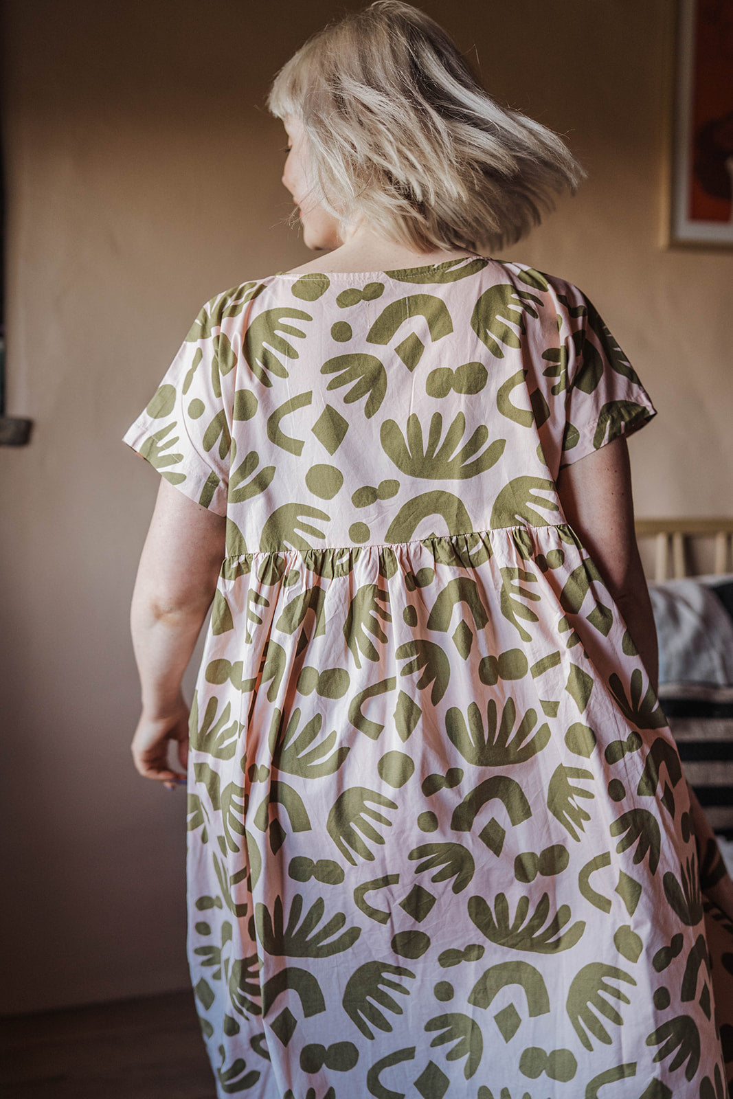  Off-On Clothing Pink Olive Abstract Dress back view worn on model 