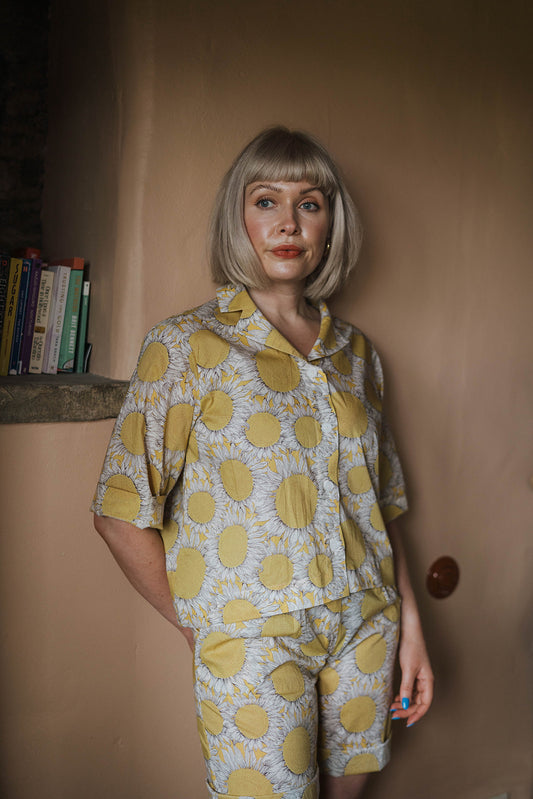 Off-On Clothing Sunflower Shirt Shorts Co-Ord worn on model 