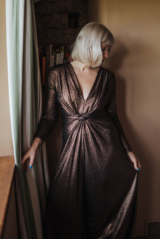 Onjenu Bronze Glitter Wide Leg Jumpsuit worn on model 