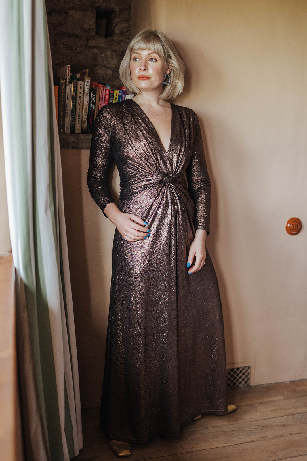 Onjenu Bronze Glitter Wide Leg Jumpsuit worn on model 