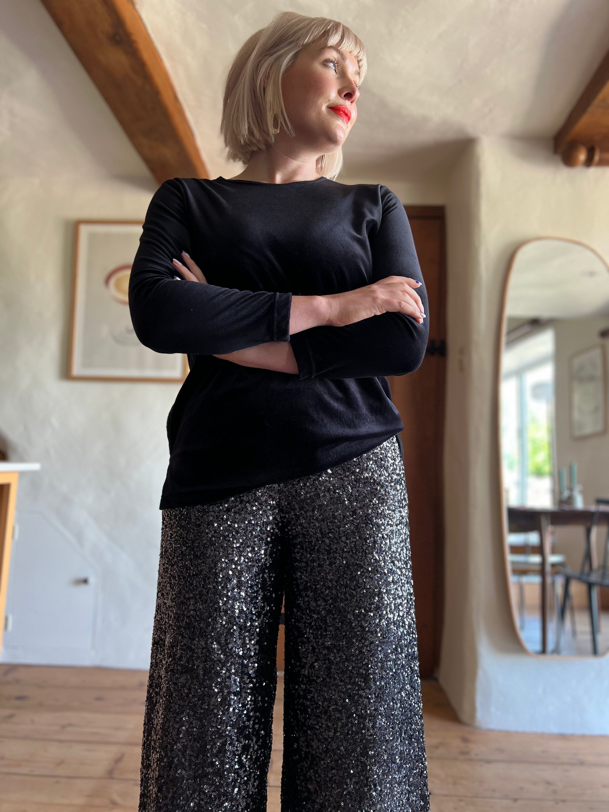 & Other Stories Black Sequin High-Waisted Trousers worn on model 
