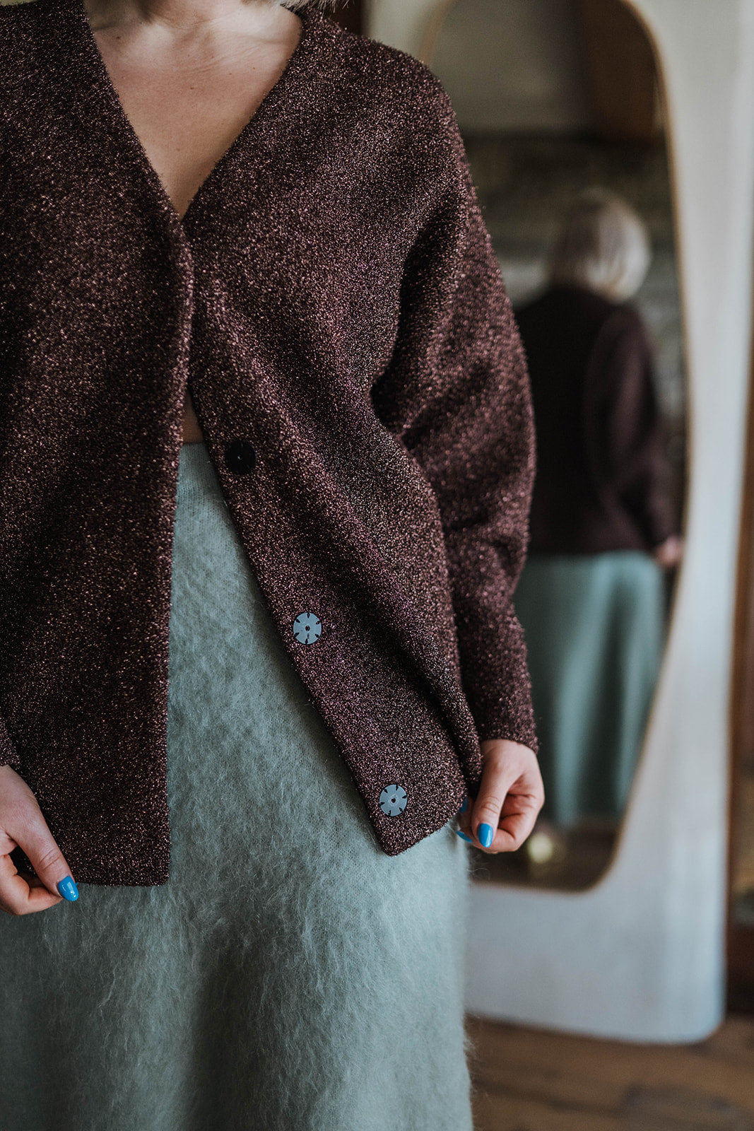 & Other Stories Mint Green Mohair Midi Skirt worn on model 