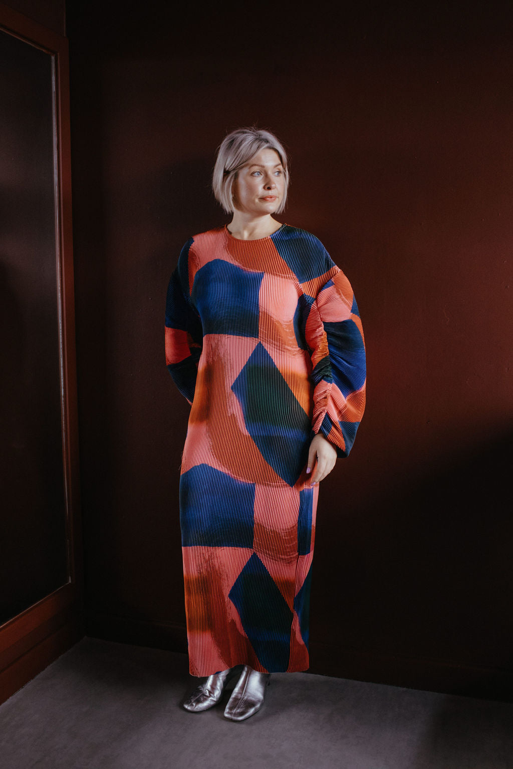 Pleated Orange Navy Abstract Dress