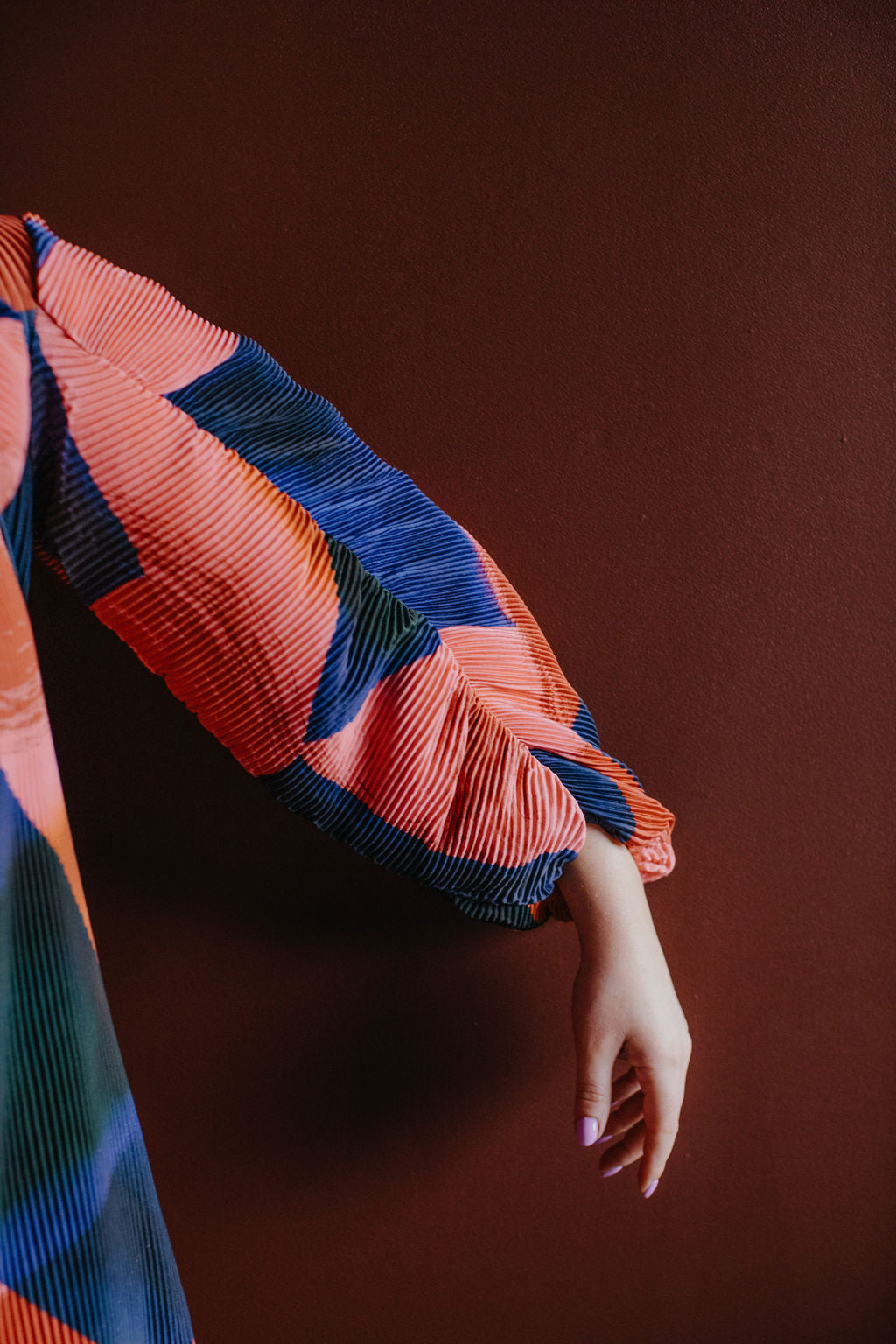 Pleated Orange Navy Abstract Dress