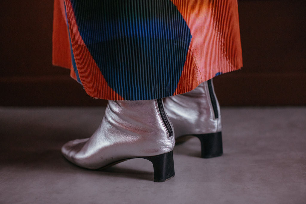 Pleated Orange Navy Abstract Dress