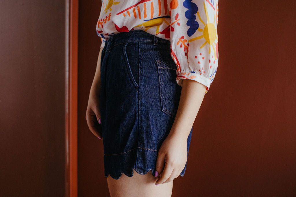 Stella Nova Dark Denim Scallop-Edge Shorts