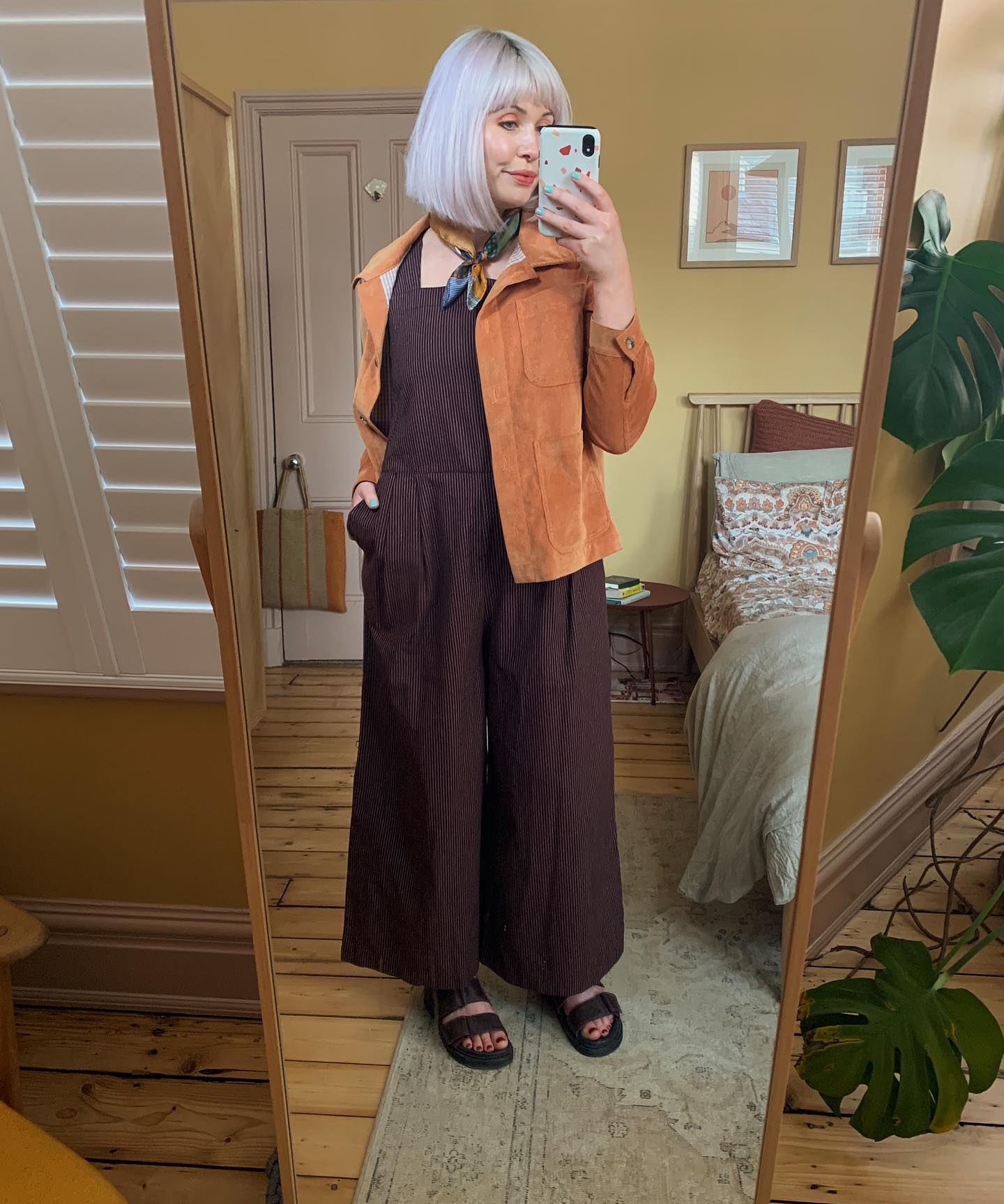 Toast Brown Hickory Stripe Jumpsuit worn on model 