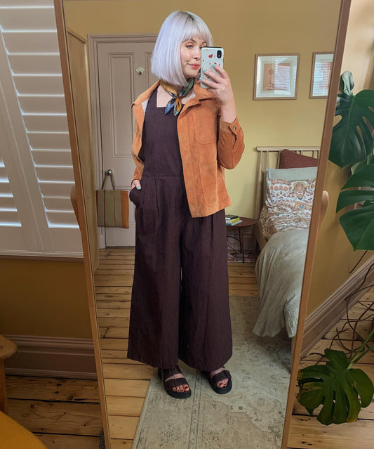 Toast Brown Hickory Stripe Jumpsuit worn on model 