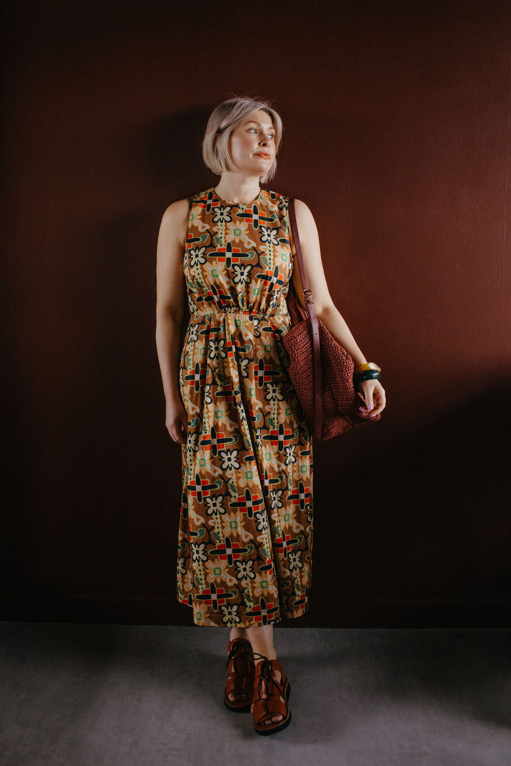 Toast Brown Print Sleeveless Midi Dress