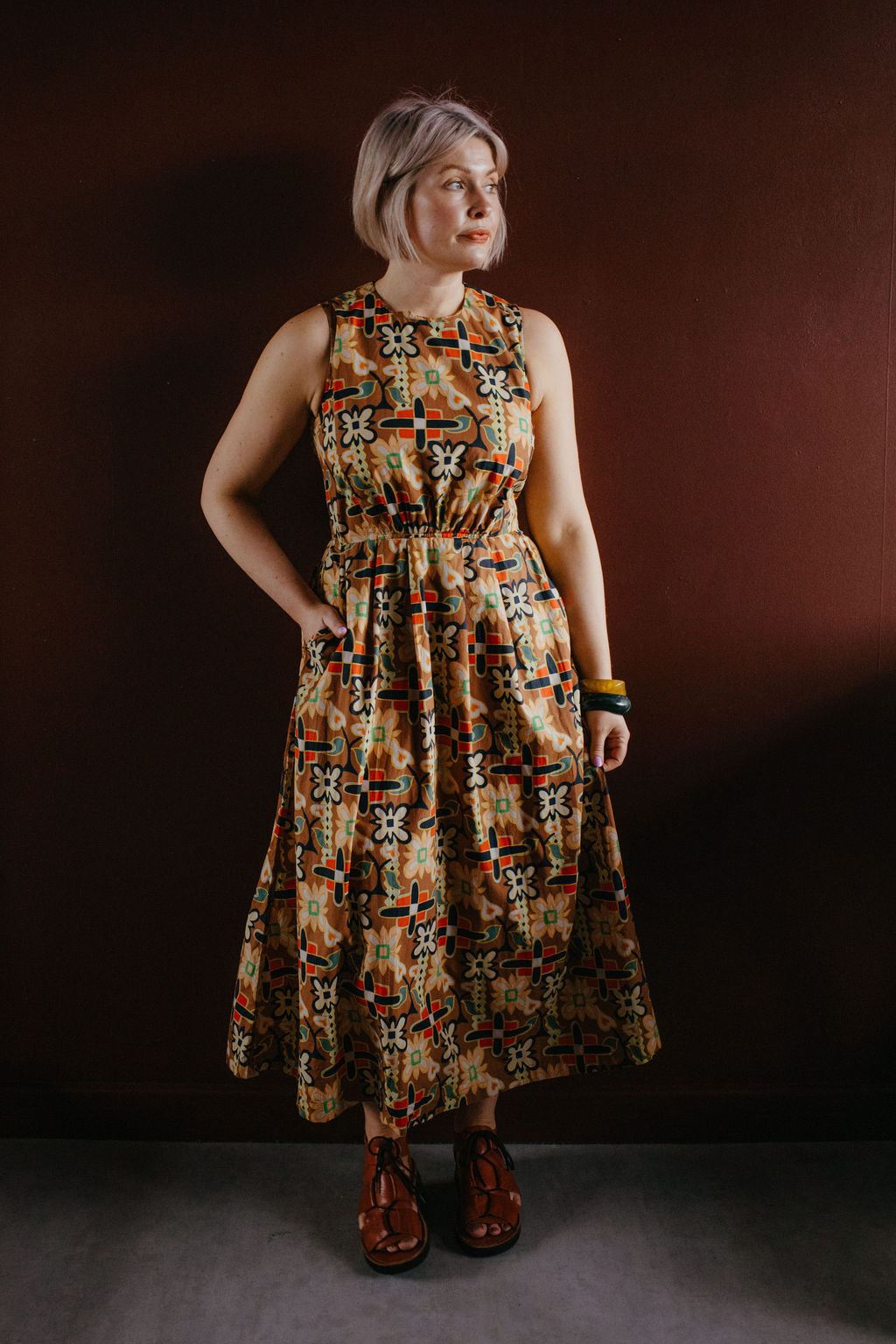 Toast Brown Print Sleeveless Midi Dress