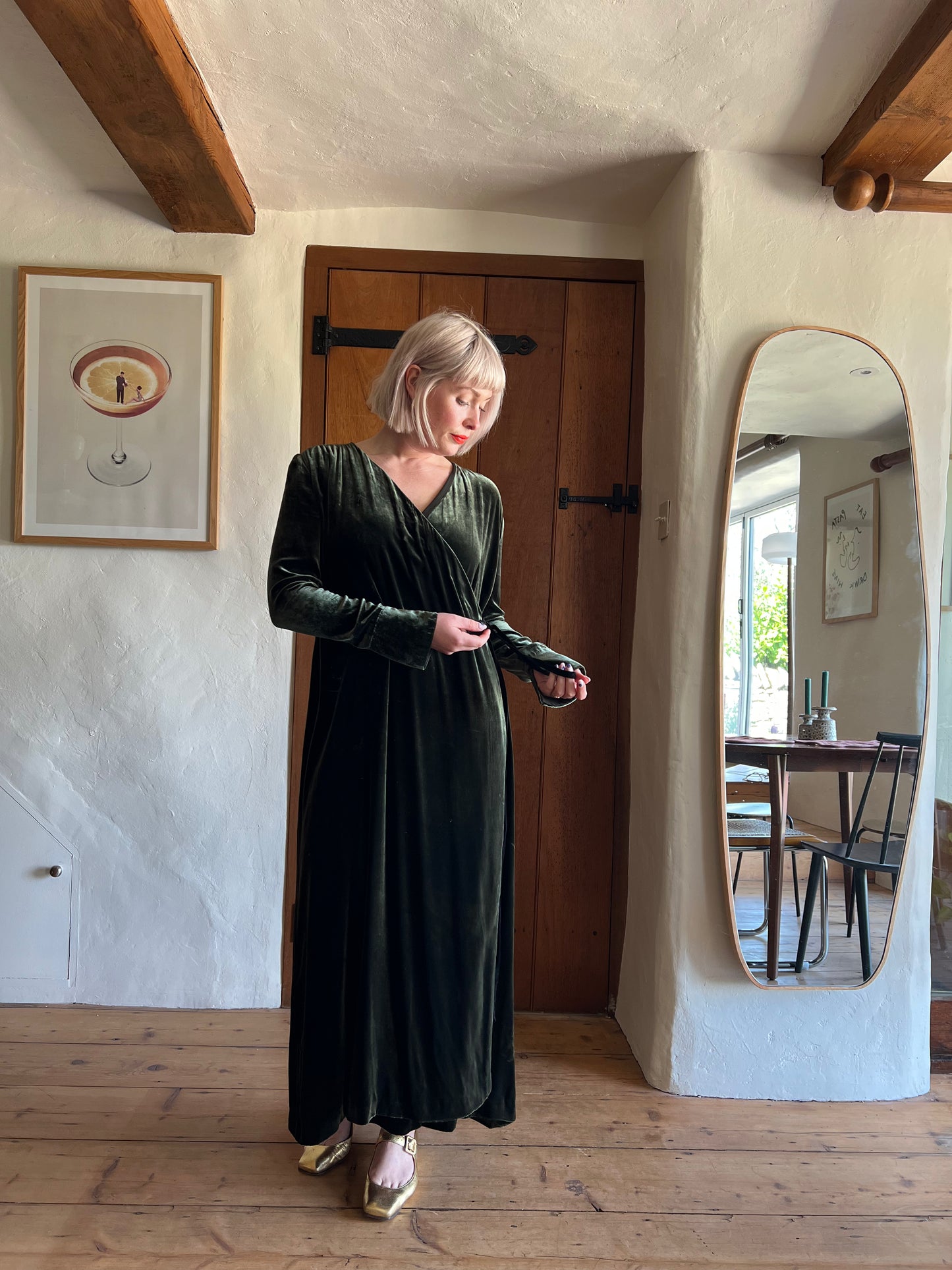 Toast Emerald Green Velvet Wrap Dress worn on model 