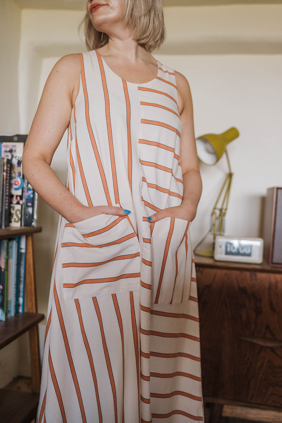 Toast Off-White Orange Stripe Sleeves Dress worn on model 