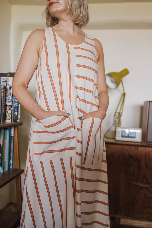 Toast Off-White Orange Stripe Sleeves Dress worn on model 