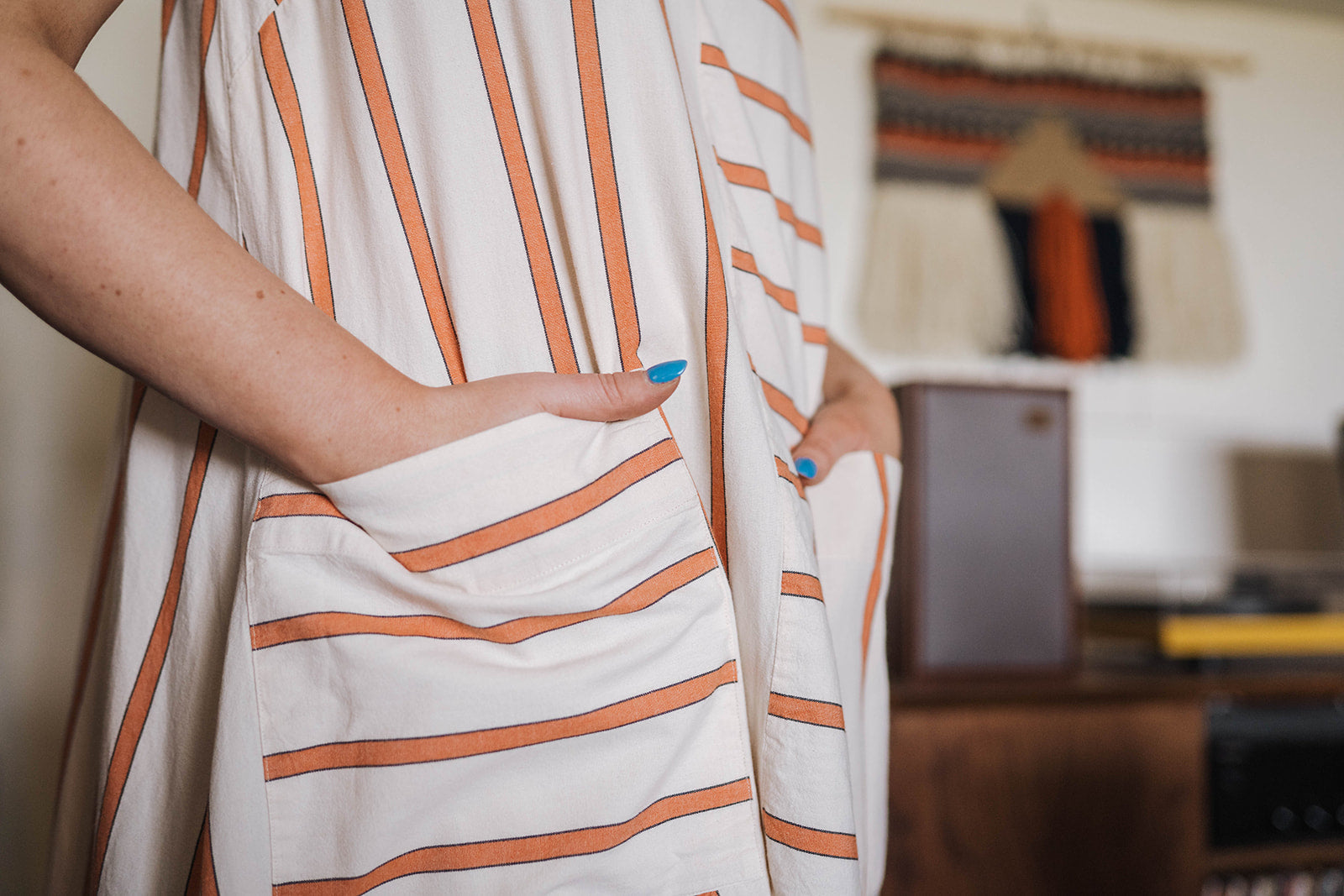 Toast Off-White Orange Stripe Sleeves Dress worn on model 